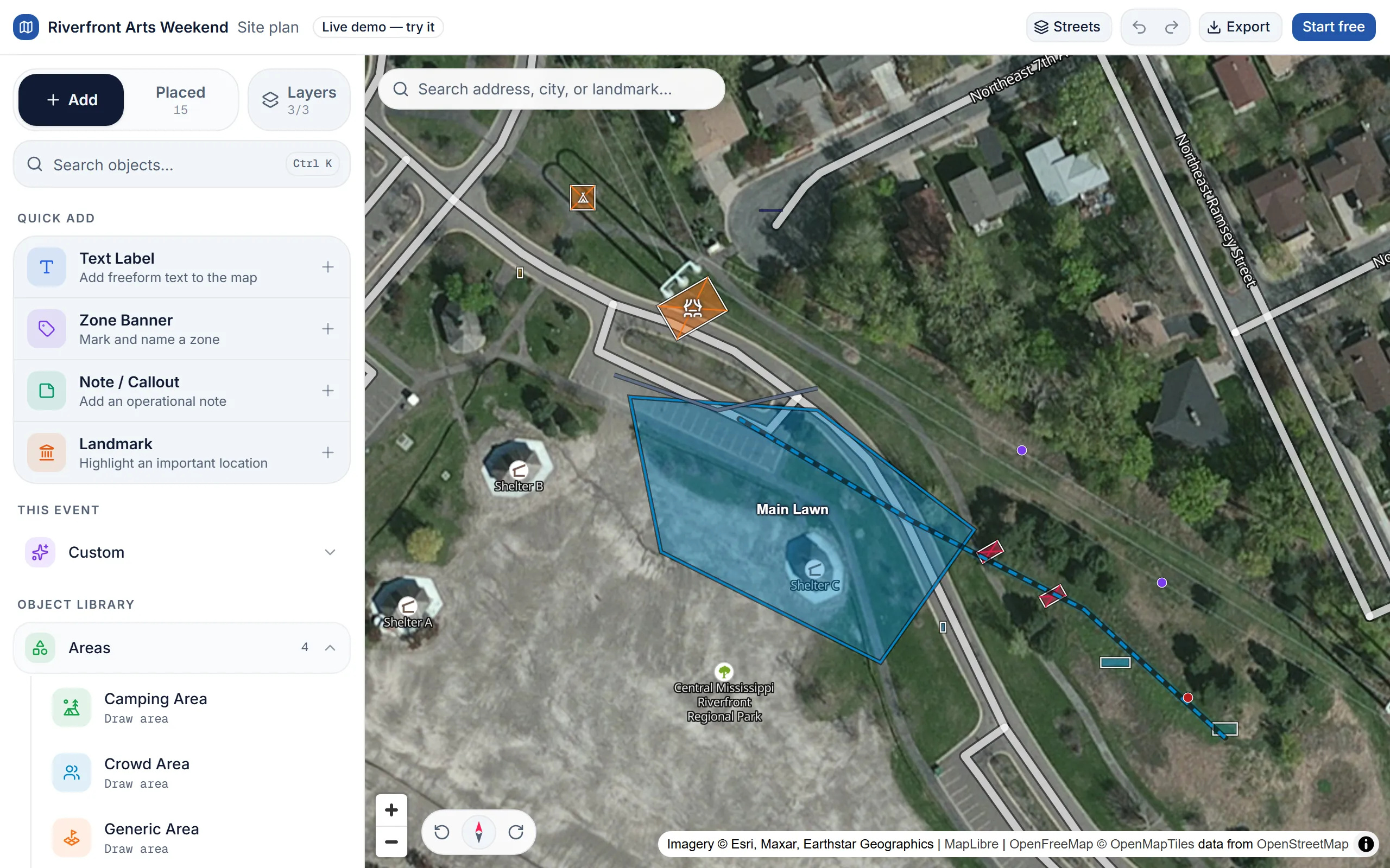 The Map Lab planner open on a sample riverfront arts weekend: the object library on the left, the site plan on satellite imagery on the right.