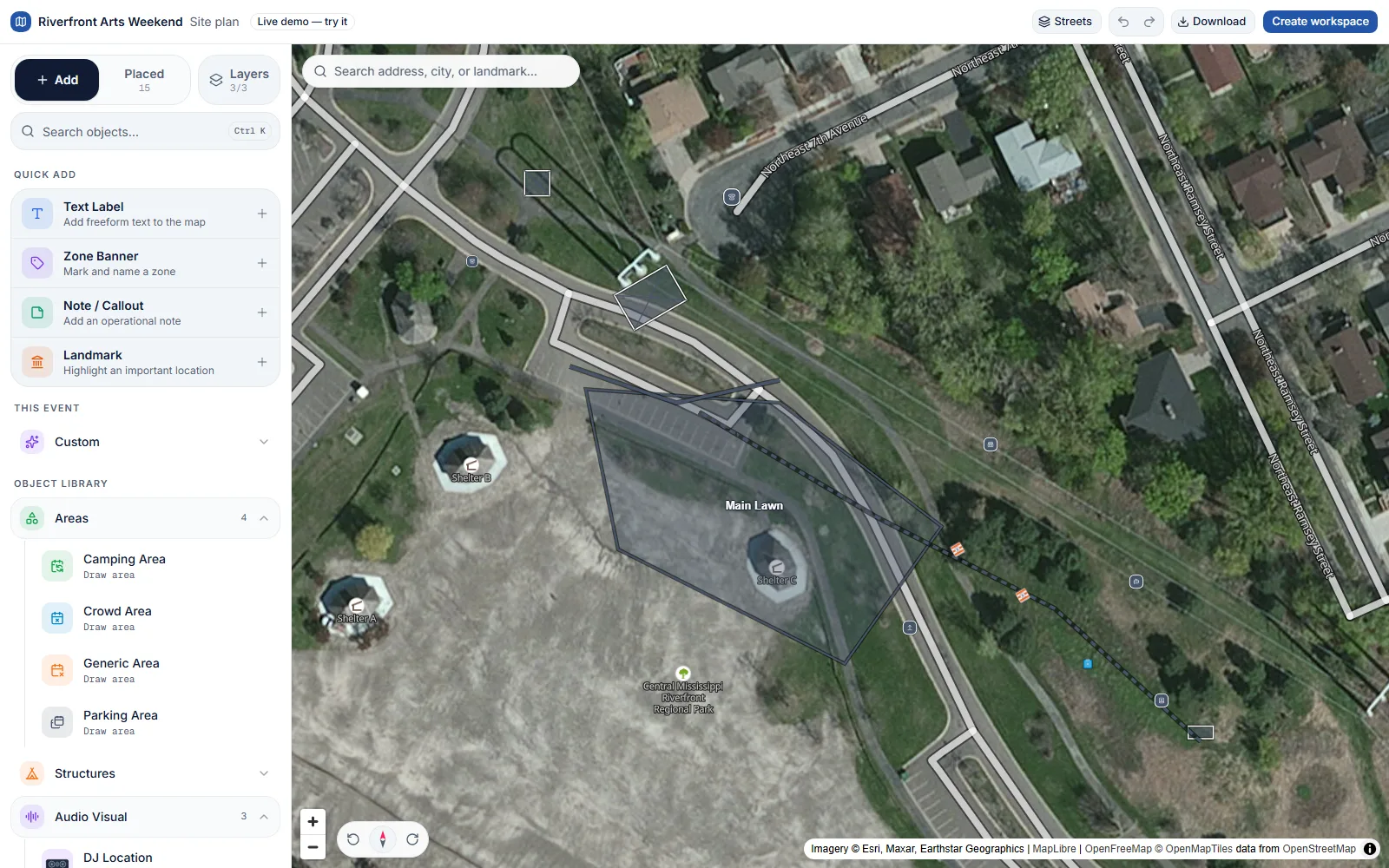 Map Lab, open on a riverfront arts weekend: stages, food rows, first aid, and an accessible route placed on satellite imagery beside the object catalog.