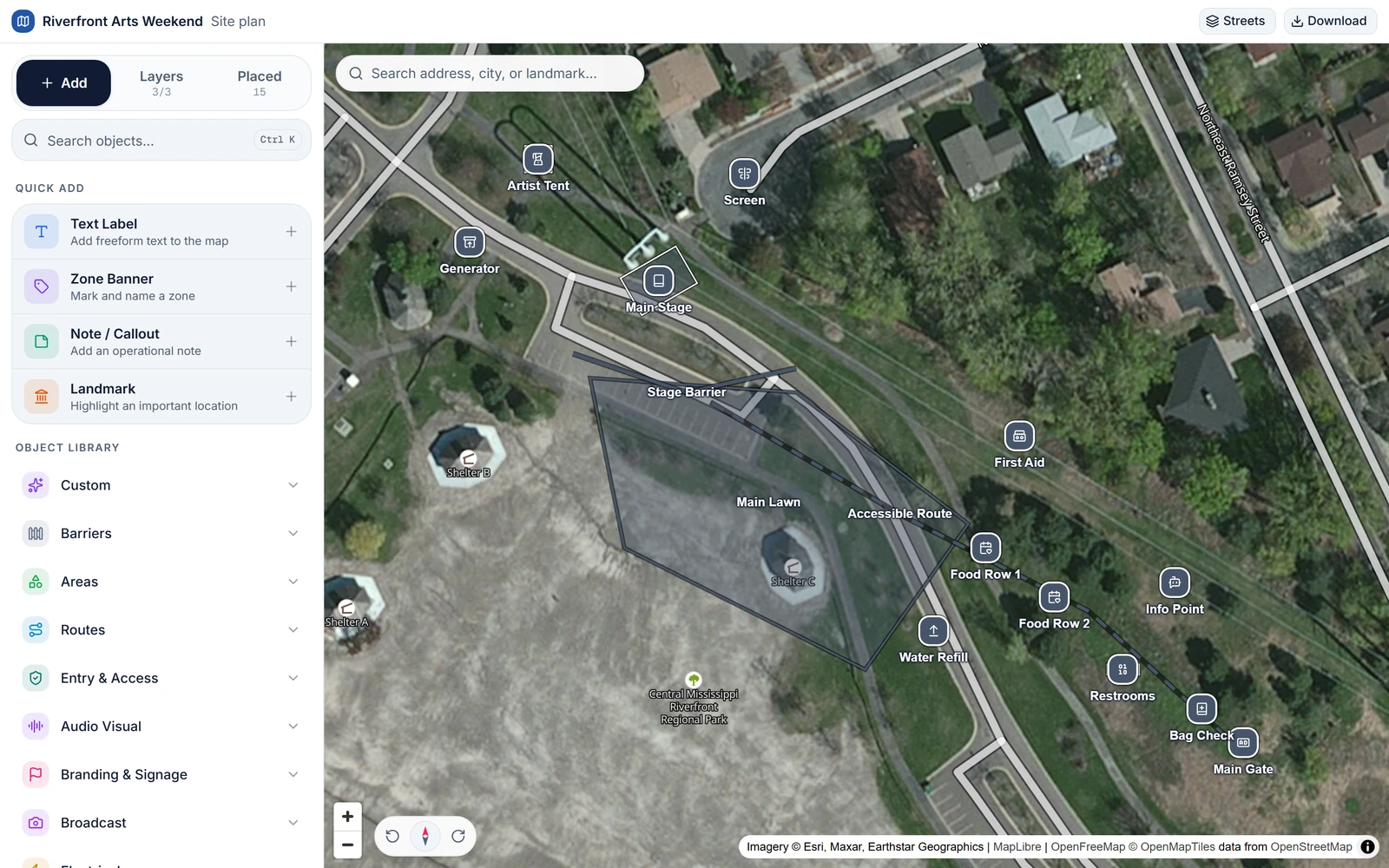 Map Lab in MyEventScape: a satellite site plan of Riverfront Arts Weekend with the main stage, food rows, first aid, restrooms, and an accessible route placed on it, beside the object catalog.
